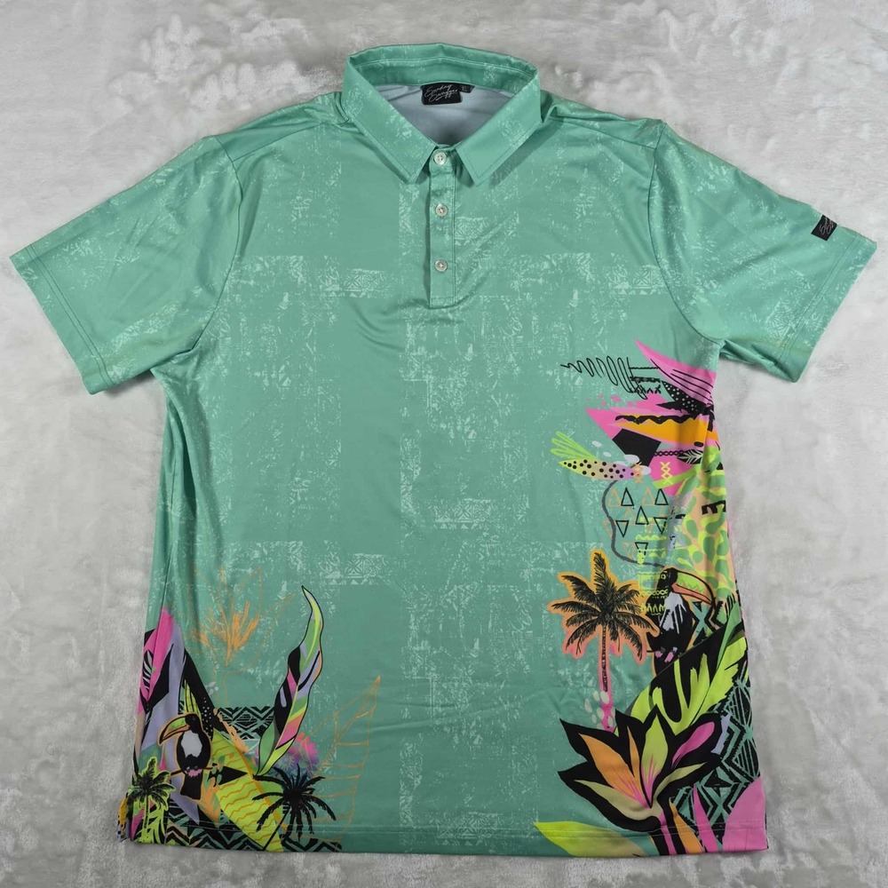 Sunday‎ Swagger Polo Shirt Men's XL Green Floral Toucan Golf Performance Active